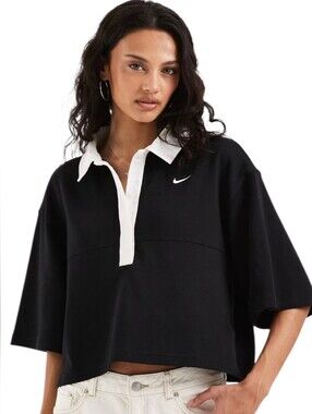 Nike Black Cropped Polo /White Collar Nike Street Essentials polo shirt LARGE